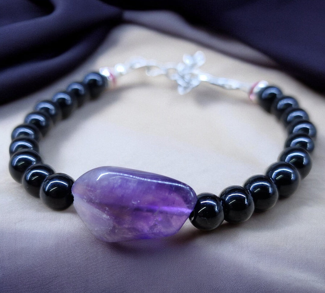 Elegantes Onyx-Armband mit Amethyst-Quarz-Inlay und Edelstahlverschluss - Sinnikäs