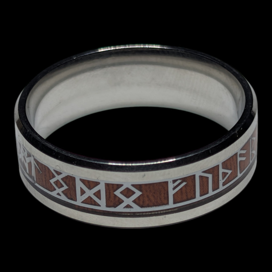 Edelstahlring mit Holzinlay und Runenkreis