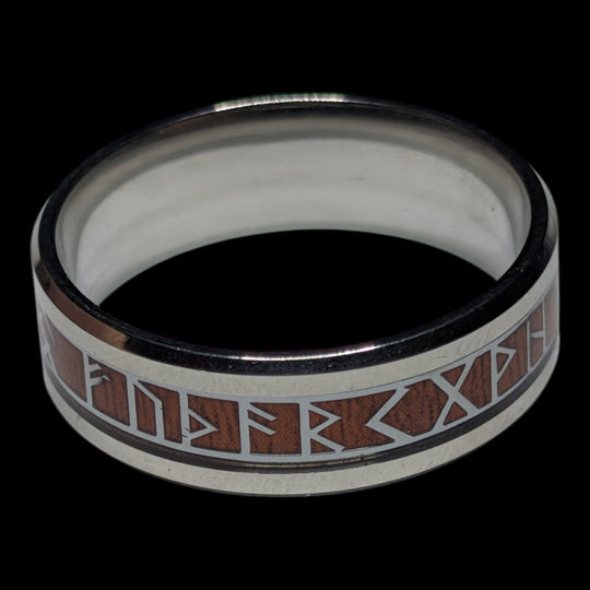 Edelstahlring mit Holzinlay und Runenkreis