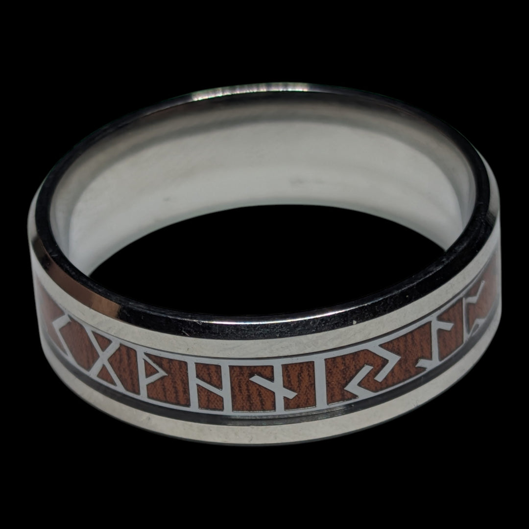 Edelstahlring mit Holzinlay und Runenkreis