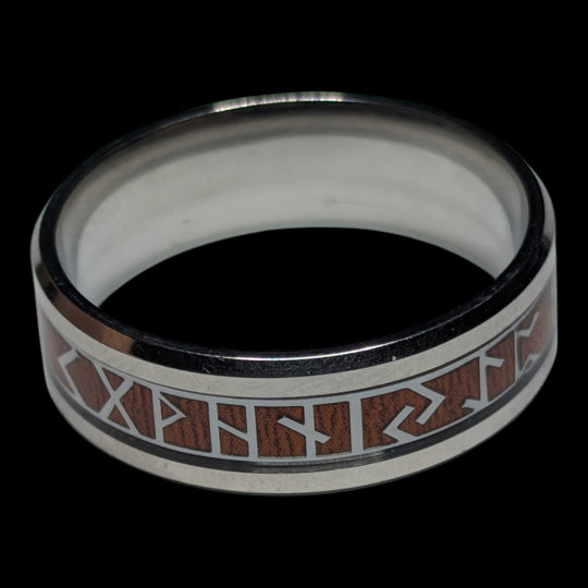 Edelstahlring mit Holzinlay und Runenkreis