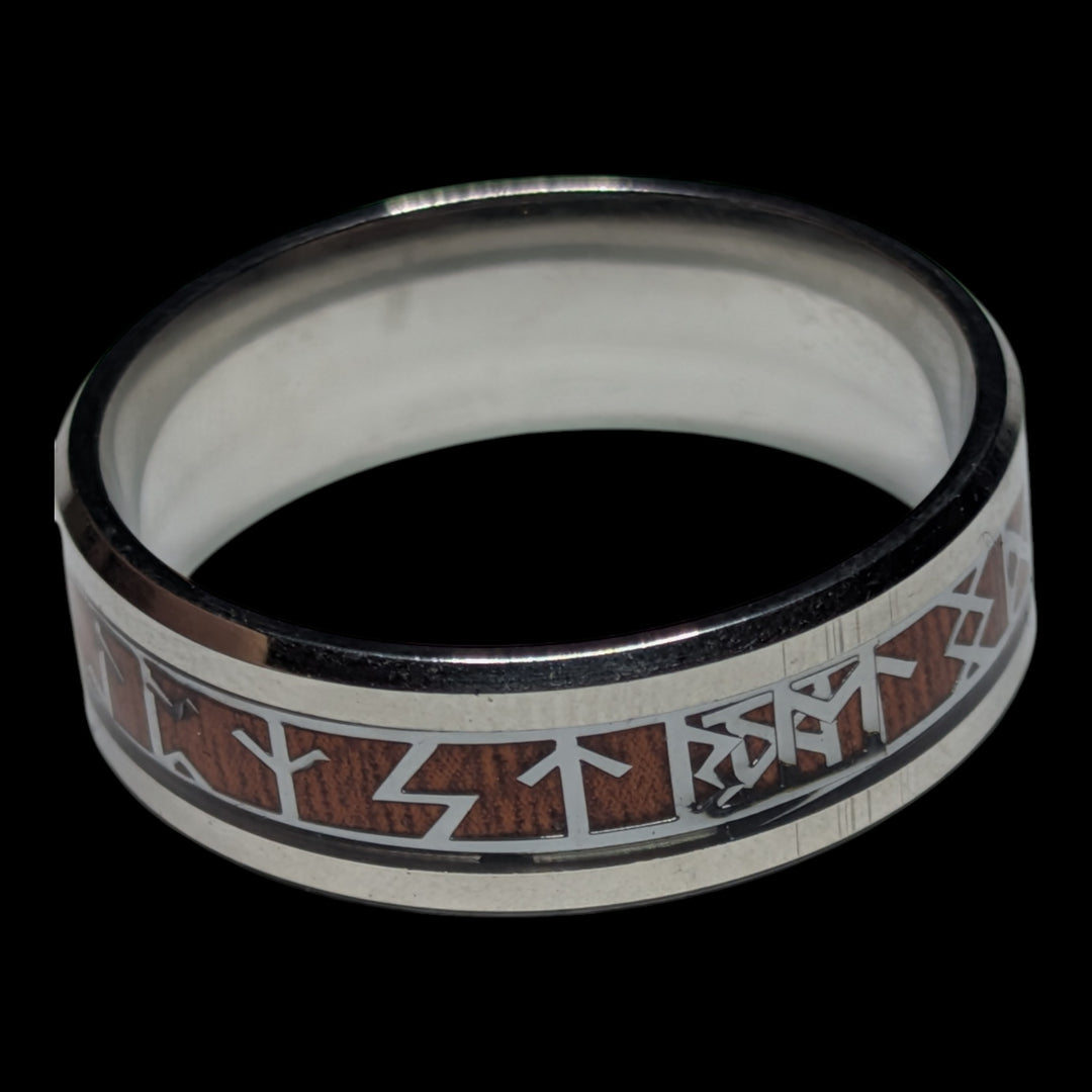 Edelstahlring mit Holzinlay und Runenkreis