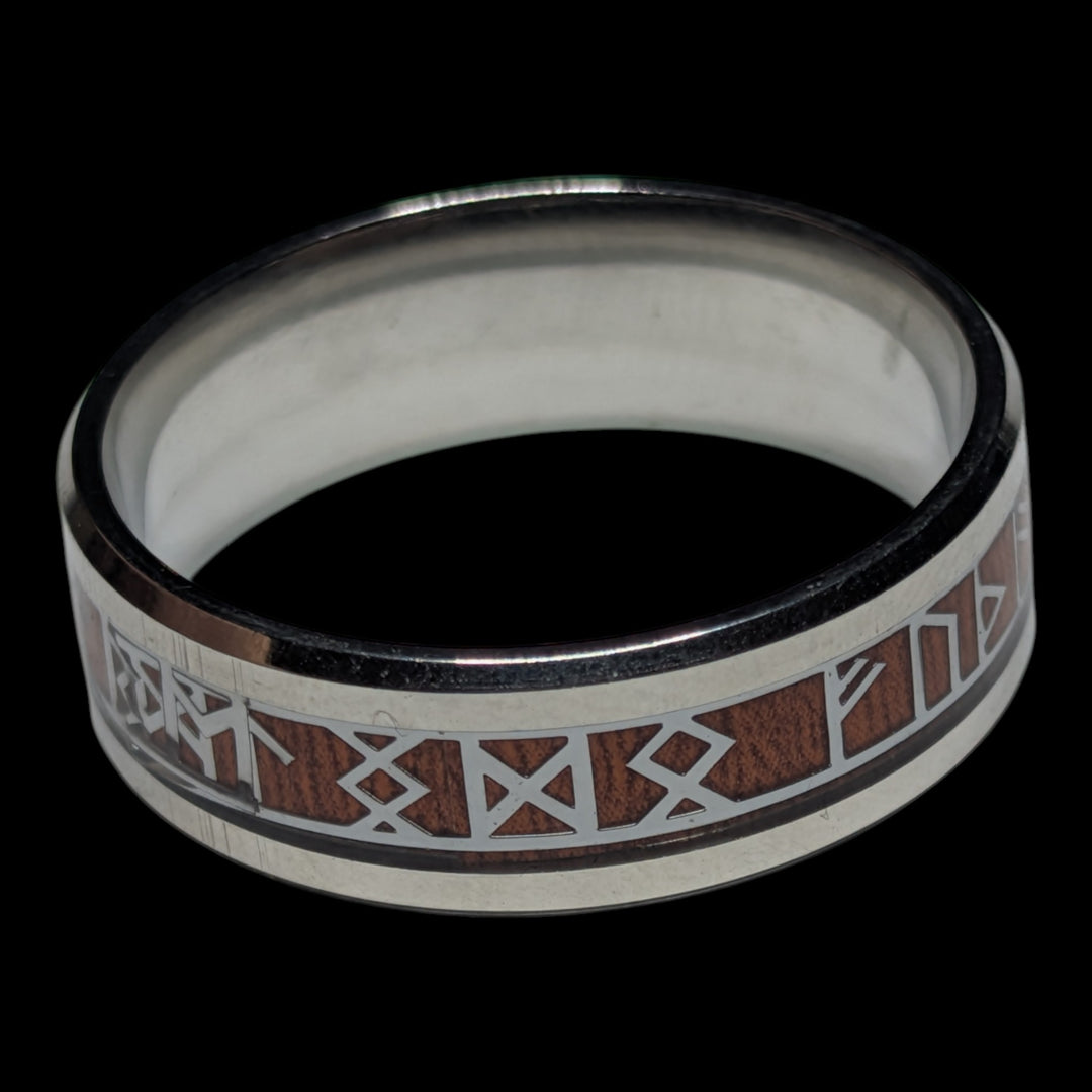 Edelstahlring mit Holzinlay und Runenkreis