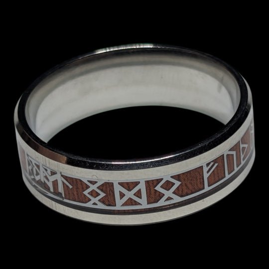 Edelstahlring mit Holzinlay und Runenkreis