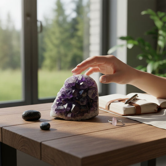 Ein ansprechendes Amethyst-Geoden-Ausstellungsstück mit tiefvioletten Kristallen in einer rauen, natürlichen Hülle, präsentiert auf einem Holztisch.