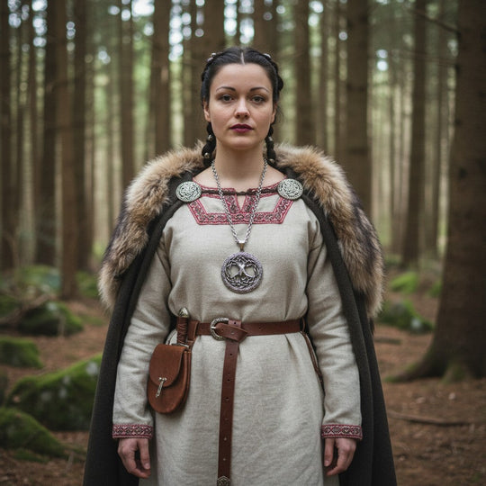 Eine elegante Silberkette von Sinnikäs mit einem Anhänger in Form des keltischen Lebensbaums, verziert mit aufwendigen Knotenmustern, die eine Frau in einer Waldlandschaft darstellen.