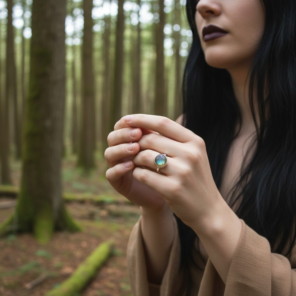 Schlichter, minimalistischer Stapelring aus Sterlingsilber mit rundem Labradorit-Edelstein, der blaue und grüne Schimmer wirft, sowie strukturiertem Ringband. Getragen von einer Frau im Wald.