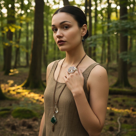 Ein auffälliger „Tree of Life“-Ring aus Sterlingsilber von Sinnikäs an der Hand einer Frau vor einem Waldhintergrund.