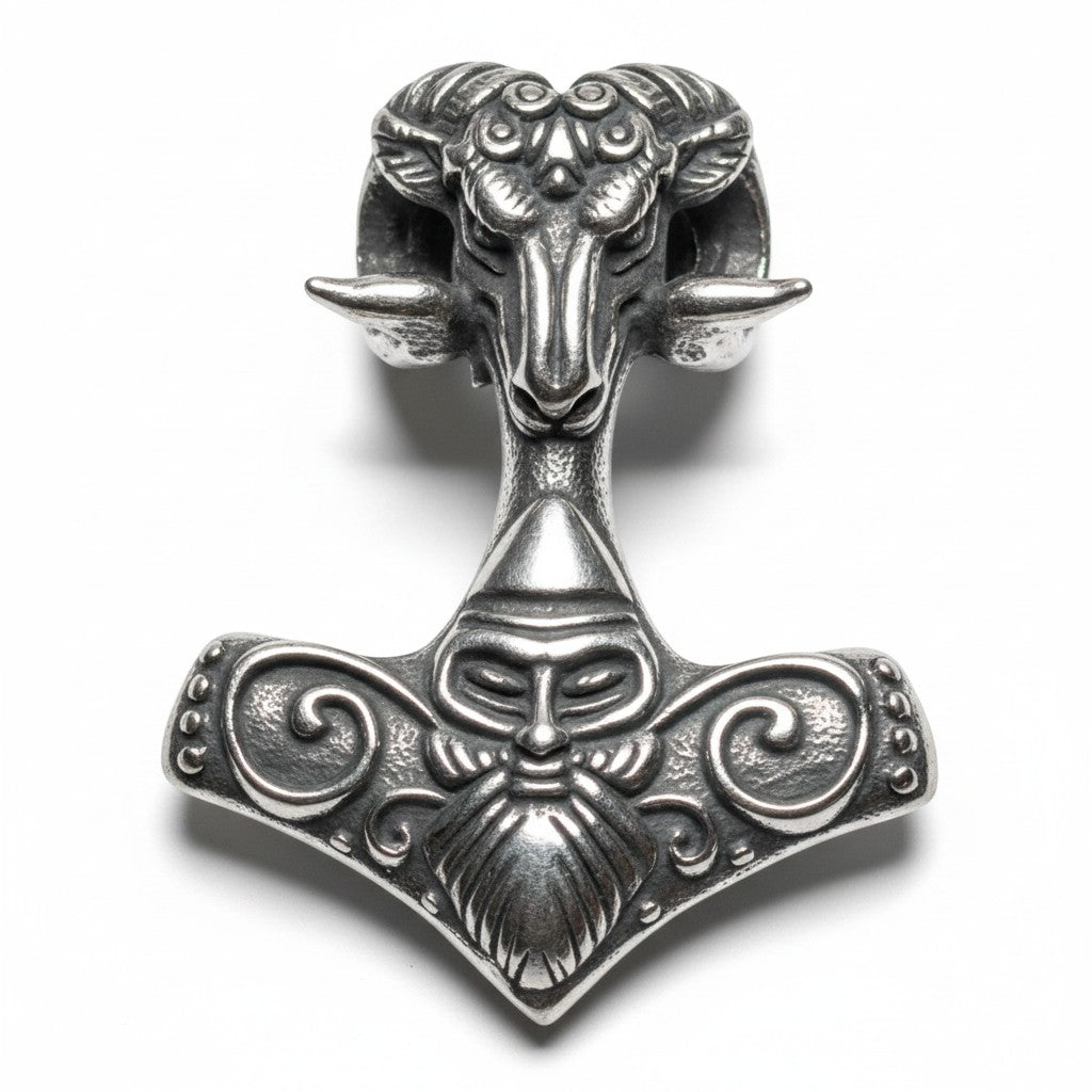 Schicker Thors-Hammer-Mjölnir-Anhänger aus silberfarbenem Edelstahl mit Widderkopf- und bärtigem Gesichtsmotiv.