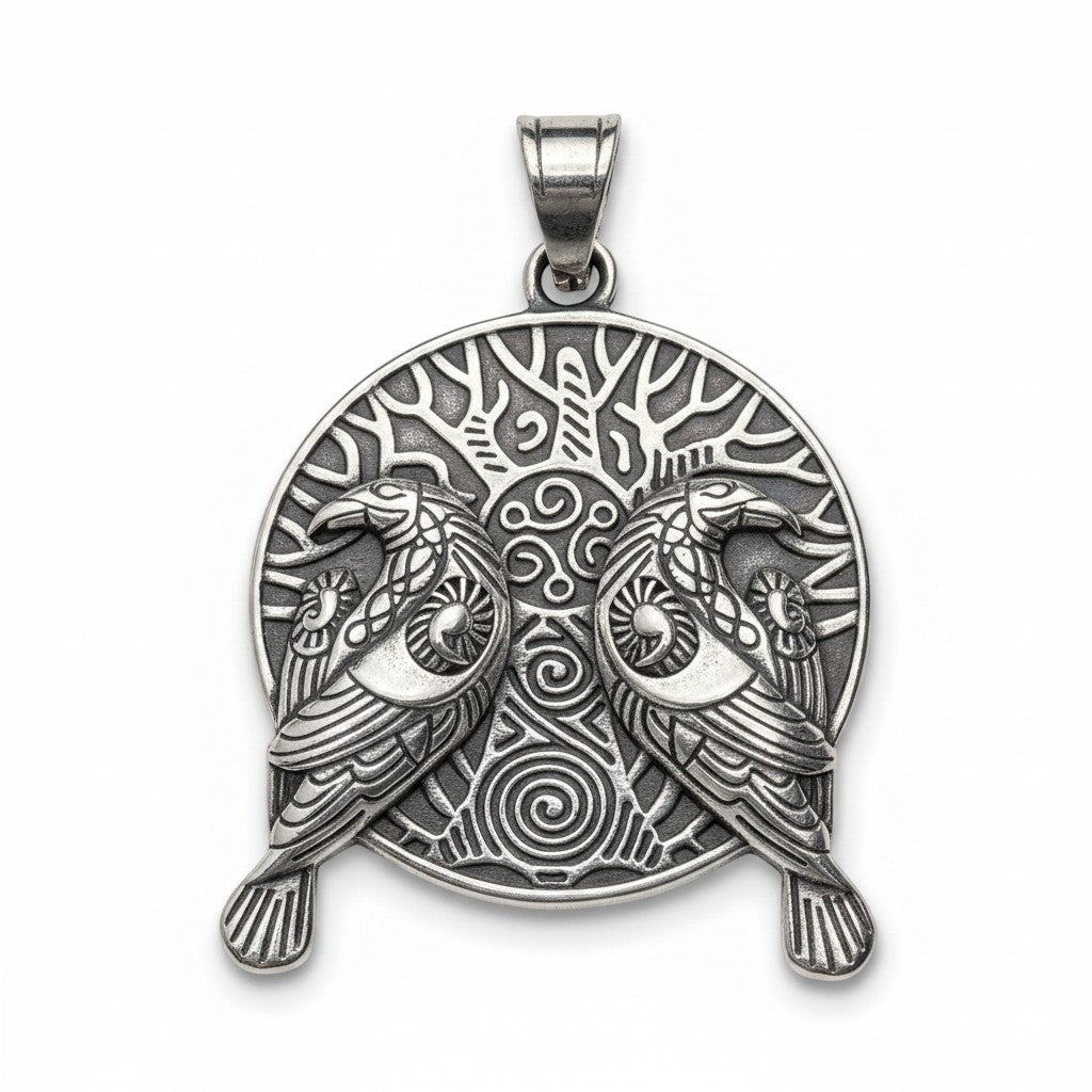 Schicker Anhänger aus silberfarbenem Edelstahl mit zwei Raben und einem Lebensbaum-Motiv. Inspiriert von der nordischen Mythologie.