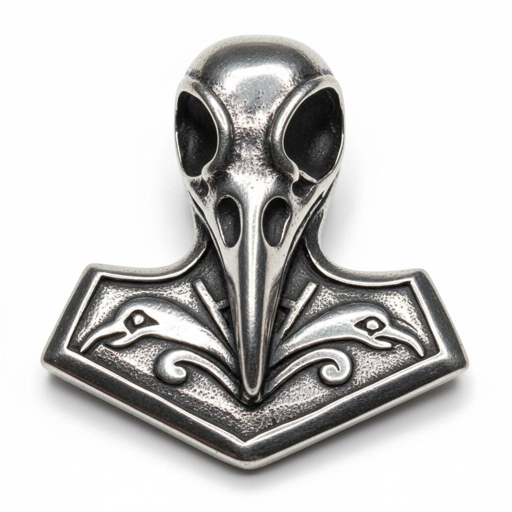 Schicker „Raven Skull Thor Hammer“-Anhänger aus poliertem Edelstahl mit aufwendig gestaltetem Raben-Schädel- und Mjölnir-Motiv, verziert mit Rabenköpfen und Wirbelmustern.