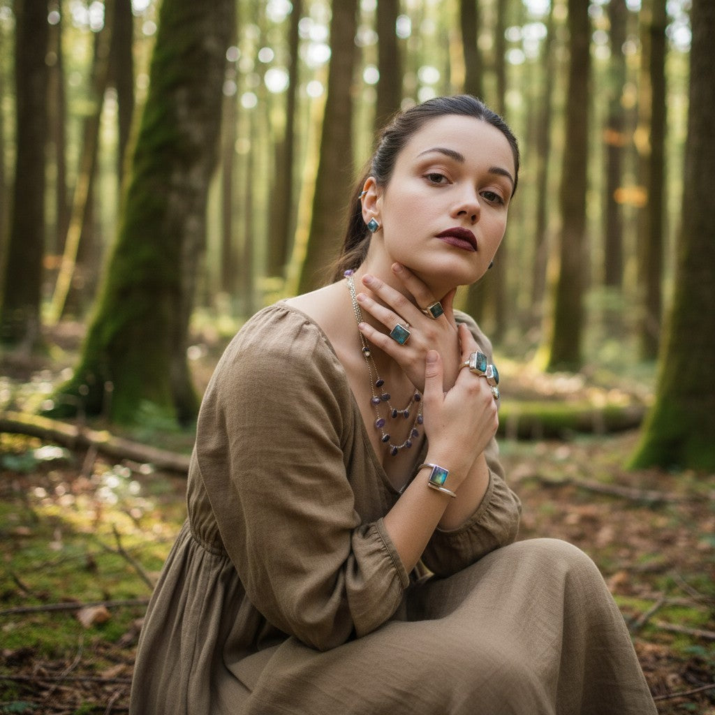 Ein stilvoller Ring aus Sterlingsilber mit einem quadratisch geschliffenen Labradorit, der blaue und grüne Schimmer reflektiert. Das Model trägt den Ring in einer Waldkulisse.