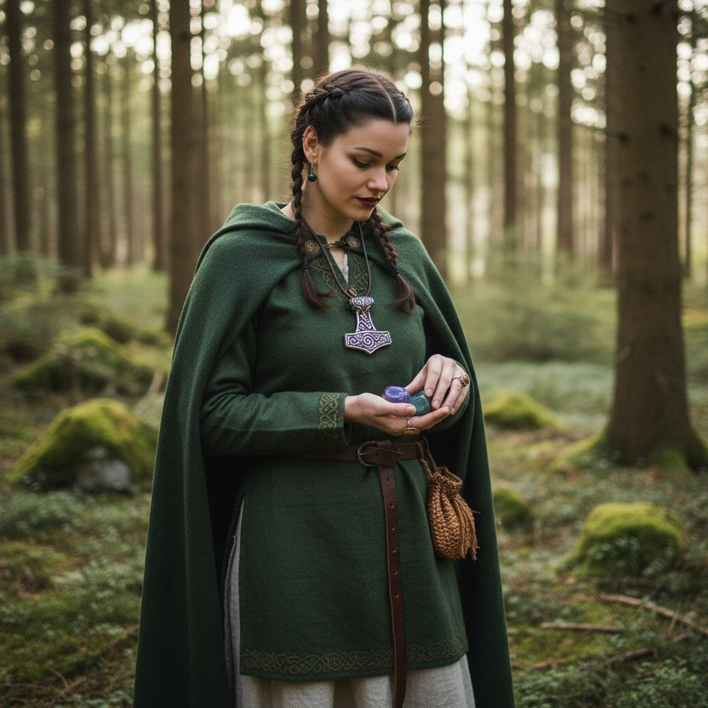 Frau in grünem mittelalterlichem Kleid und Umhang, die eine Halskette mit einem „Sinnikäs“-Anhänger in Form von Thors Hammer aus Edelstahl trägt.