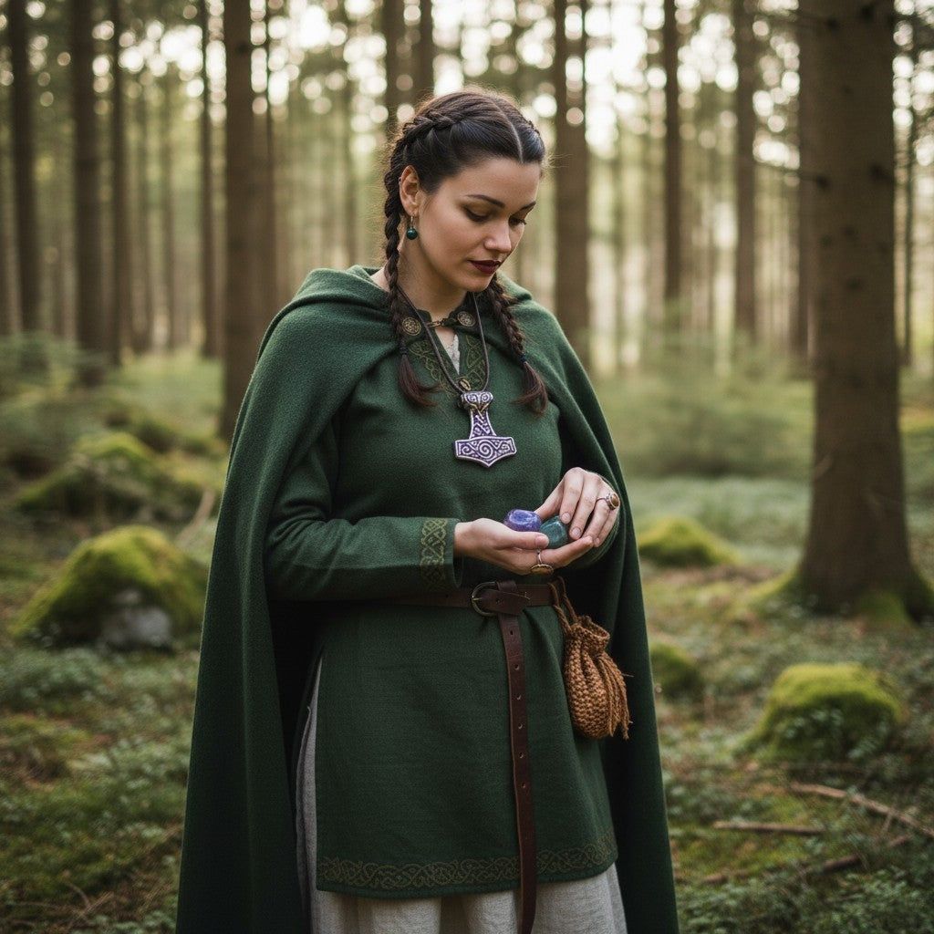 Frau in grünem mittelalterlichem Kleid und Umhang, die eine Halskette mit einem „Sinnikäs“-Anhänger in Form von Thors Hammer aus Edelstahl trägt.