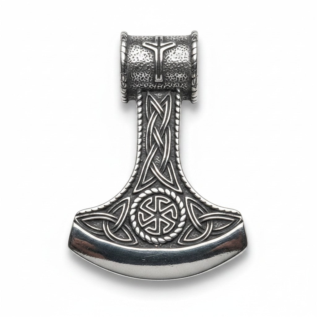 Schicke Halskette mit „Thors Hammer“-Anhänger aus silberfarbenem Edelstahl mit aufwendigen Knotenverzierungen und einem Sonnenrad-Symbol.
