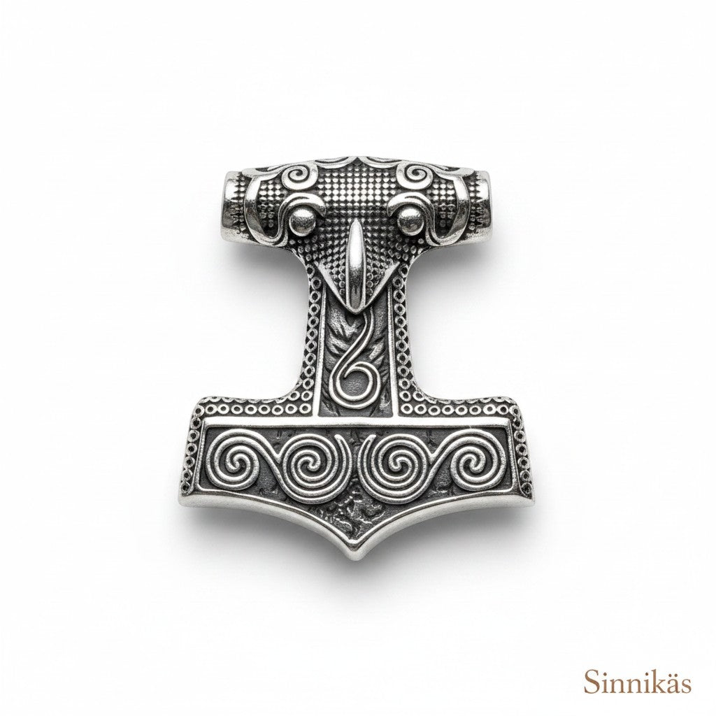 Schicke Halskette mit „Thors Hammer“-Anhänger, aus silberfarbenem Edelstahl mit detaillierten Wikinger-Knotenmustern und Spiralmotiven.