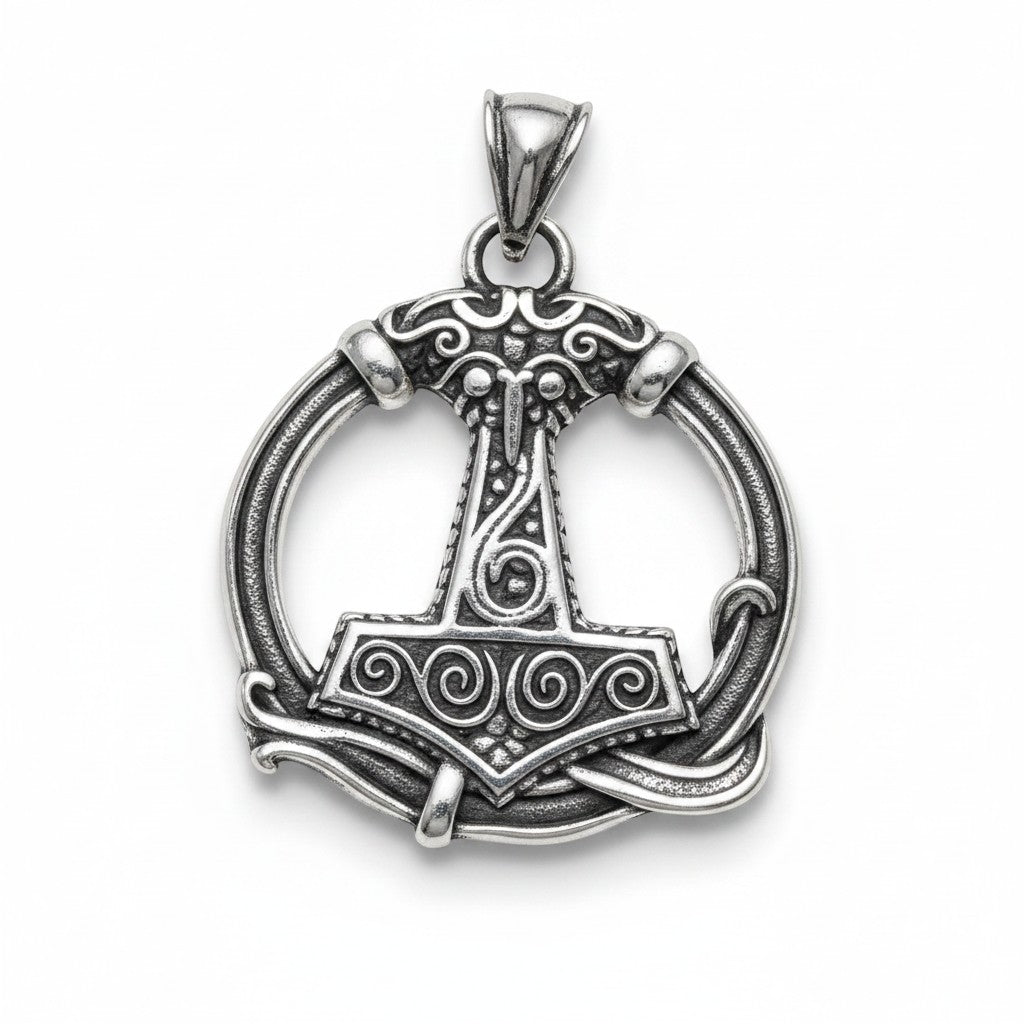 Schicke Halskette mit Thor-Hammer-Anhänger aus silberfarbenem Edelstahl mit aufwendigen Knotenverzierungen. Mjölnir-Design.