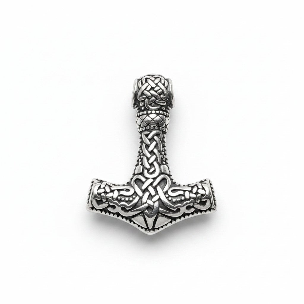 Schicke Halskette mit „Thors Hammer“-Anhänger aus silberfarbenem Edelstahl mit aufwendigen Knotenverzierungen.