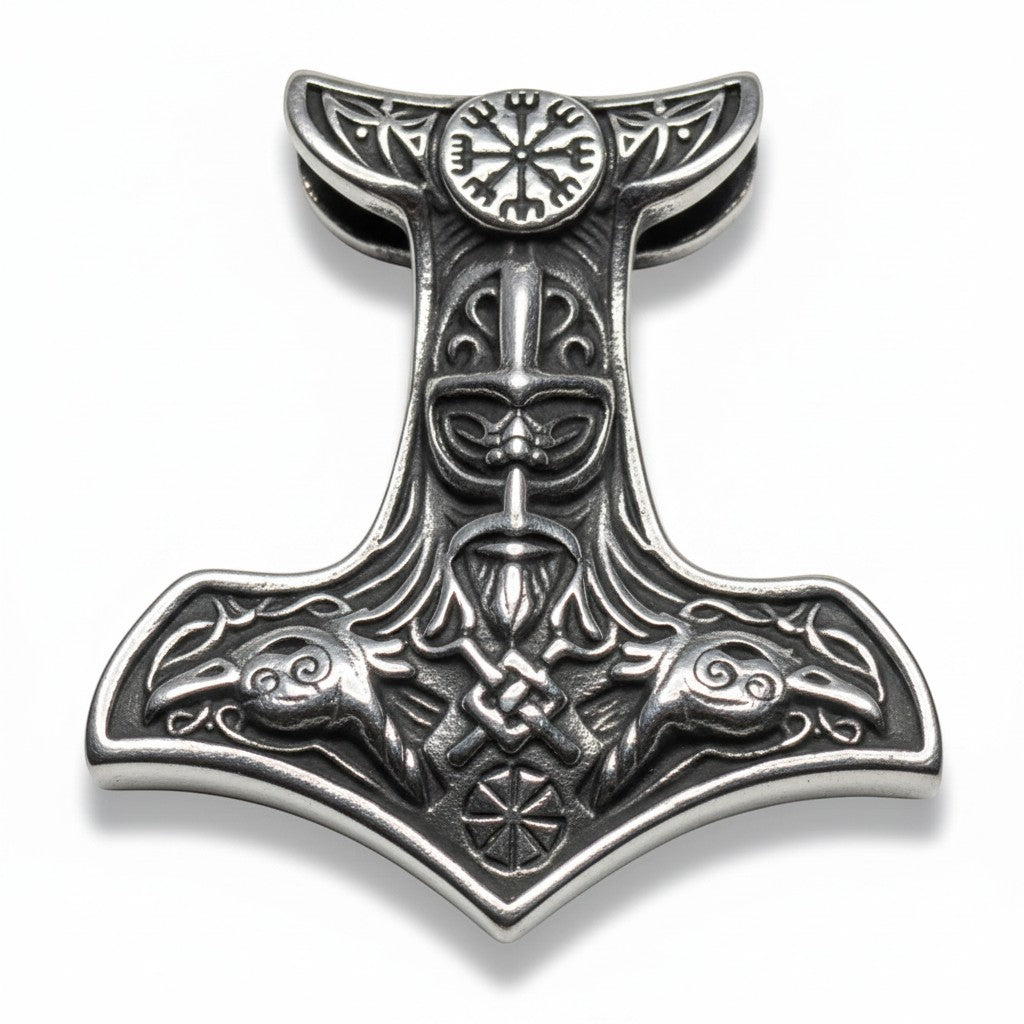 Sinnikäs Thor-Hammer-Anhänger aus Edelstahl mit Odins Gesicht, Knotenmustern, Fabelwesen und einem Vegvisir-Kompass.