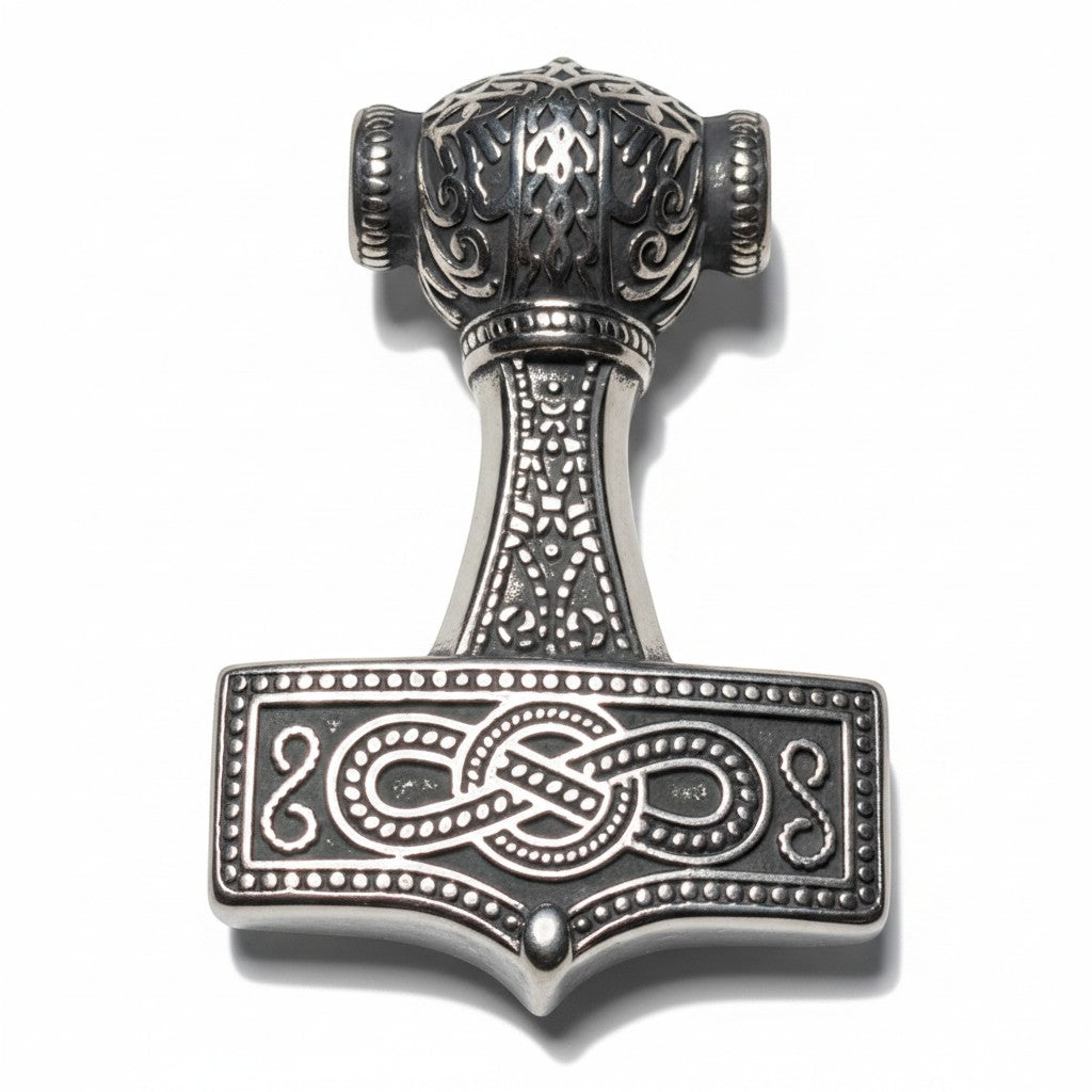 Schicker Thor-Hammer-Anhänger aus Edelstahl mit aufwendigen Knotenverzierungen, inspiriert von der nordischen Mythologie.