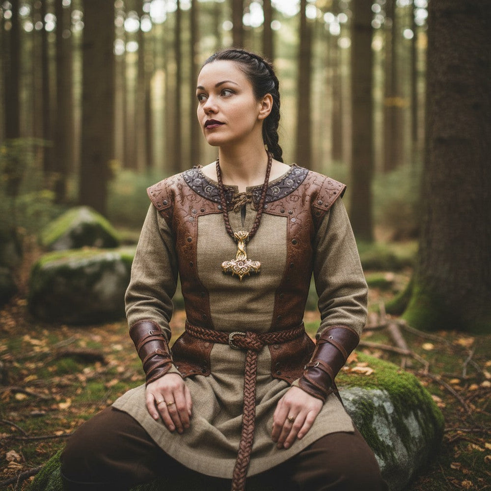 Eine stilvolle Halskette mit einem Anhänger in Form von Thors Hammer in Gold- und Silbertönen, mit aufwendigem keltischem Knotenmuster, aus Edelstahl, getragen von einer Frau in Wikinger-Tracht in einem Wald.