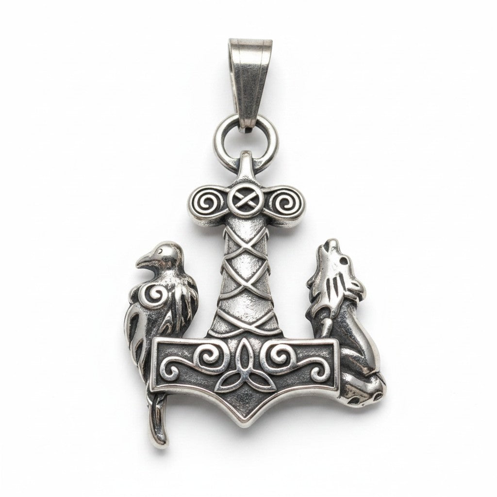 Schicker Thor-Hammer-Anhänger mit Rabe und Wolf, aus Edelstahl, inspiriert von der nordischen Mythologie.