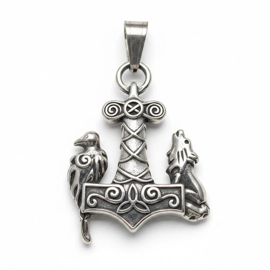 Schicker Thor-Hammer-Anhänger mit Rabe und Wolf, aus Edelstahl, inspiriert von der nordischen Mythologie.