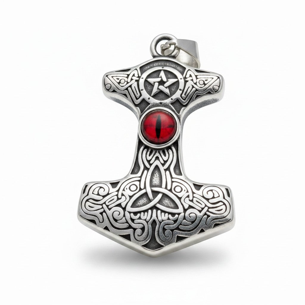 Schicker Thor-Hammer-Anhänger mit rotem Auge, aufwendigen Knotendetails und Sternsymbol. Aus Edelstahl gefertigt.