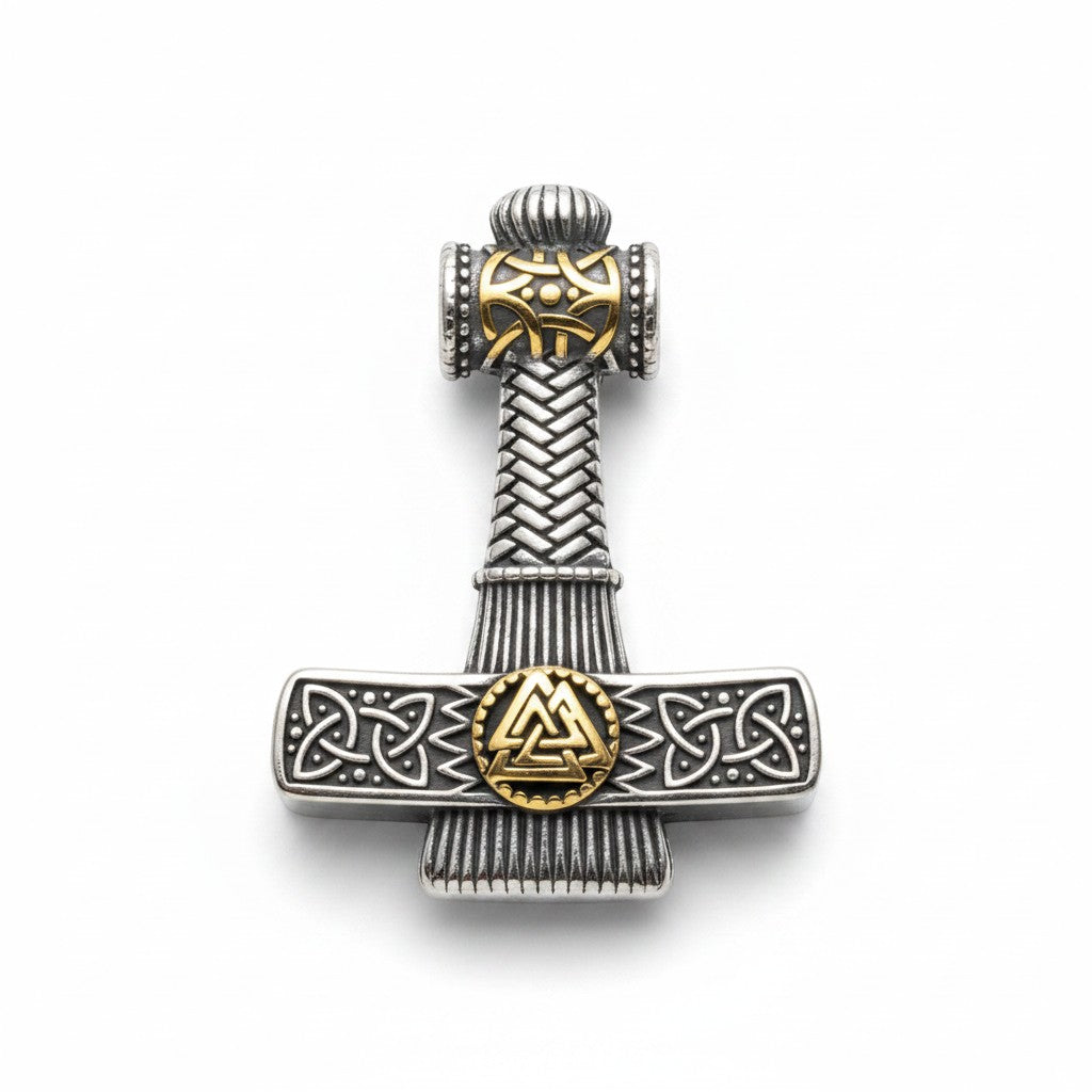 Schicke Halskette mit „Thors Hammer“-Anhänger aus silber- und goldfarbenem Edelstahl mit Wikinger-Knotenmuster und Valknutsymbol.