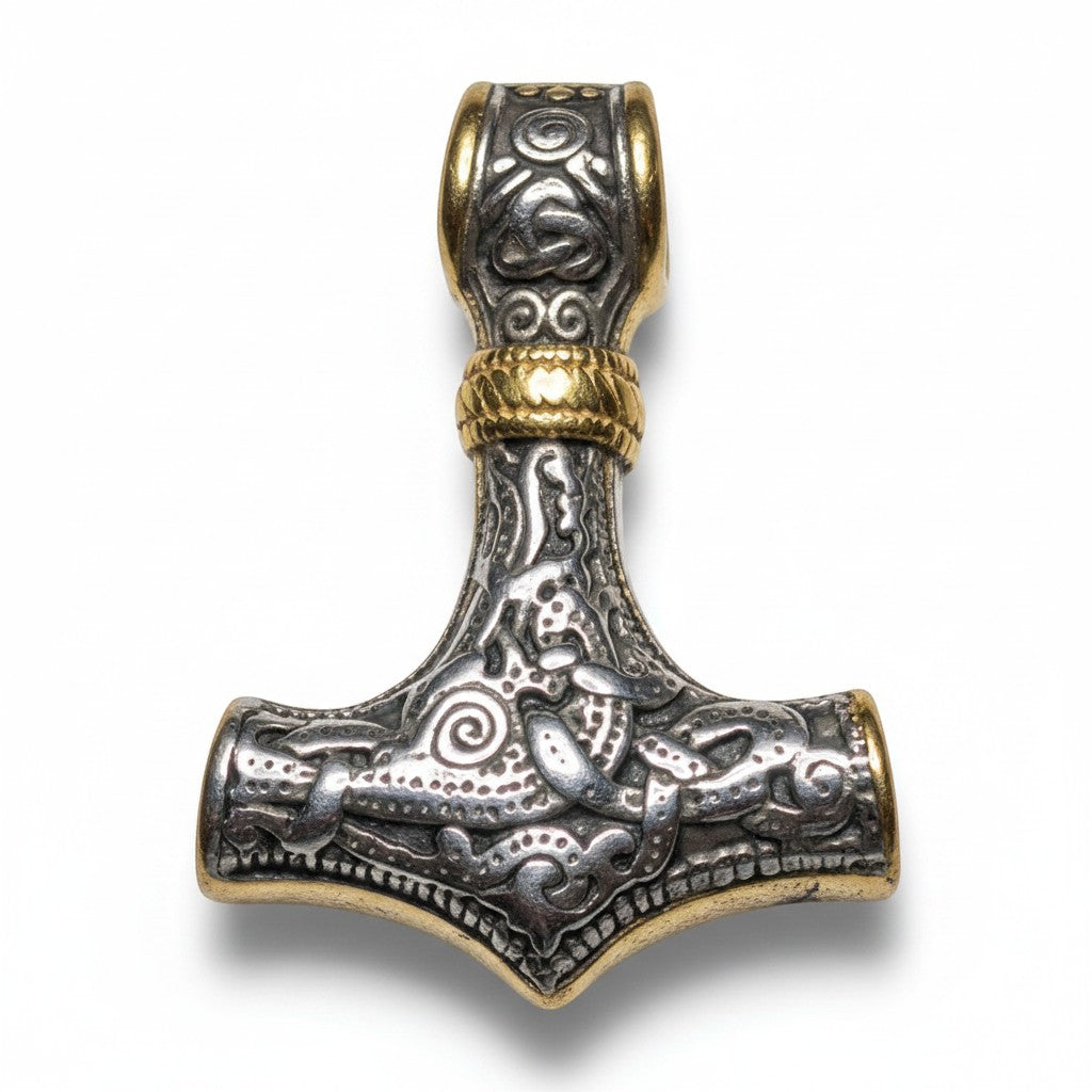 Schicker „Thors Hammer“-Anhänger aus silber- und goldfarbenem Edelstahl mit aufwendigen Knotenmustern und Details mythischer Wesen.