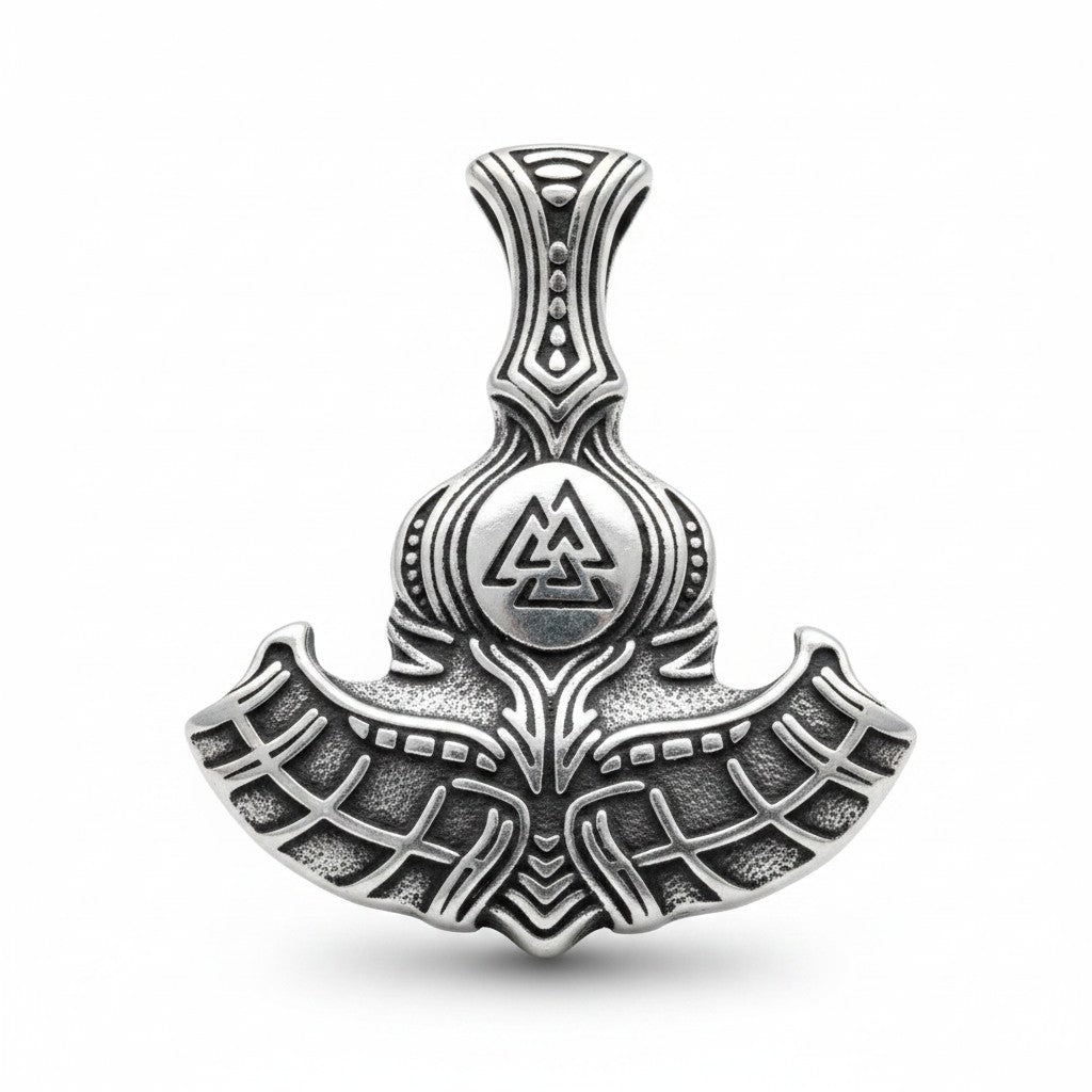 Schicker Thor-Hammer-Anhänger mit Valknut-Symbol, aufwendigen Knotenverzierungen, Edelstahl, 4,4 cm x 3,7 cm