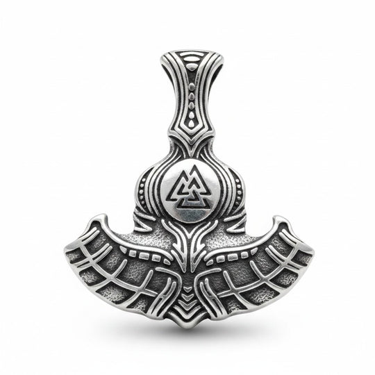 Schicker Thor-Hammer-Anhänger mit Valknut-Symbol, aufwendigen Knotenverzierungen, Edelstahl, 4,4 cm x 3,7 cm