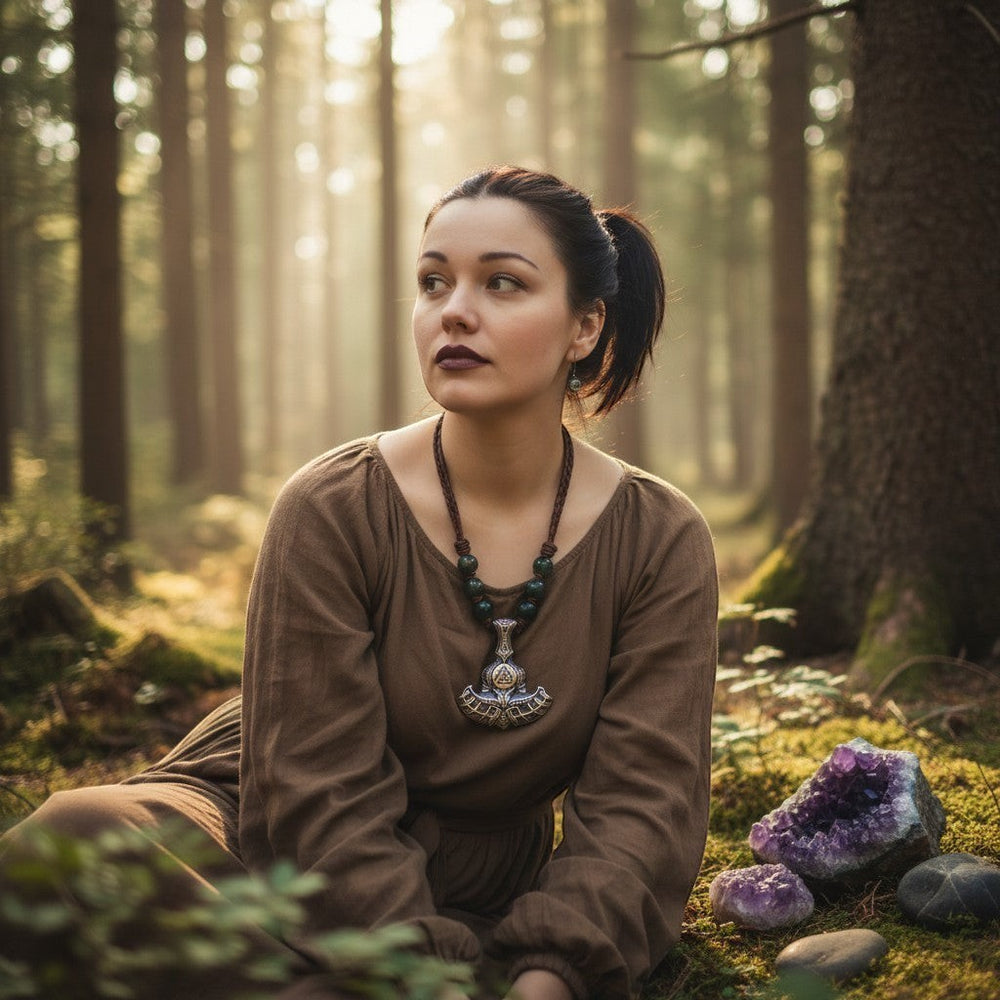 Eine Frau in einem braunen Kleid, die eine Halskette mit einem „Sinnikäs“-Thor-Hammer-Anhänger und grünen Perlen in einer Waldkulisse trägt.