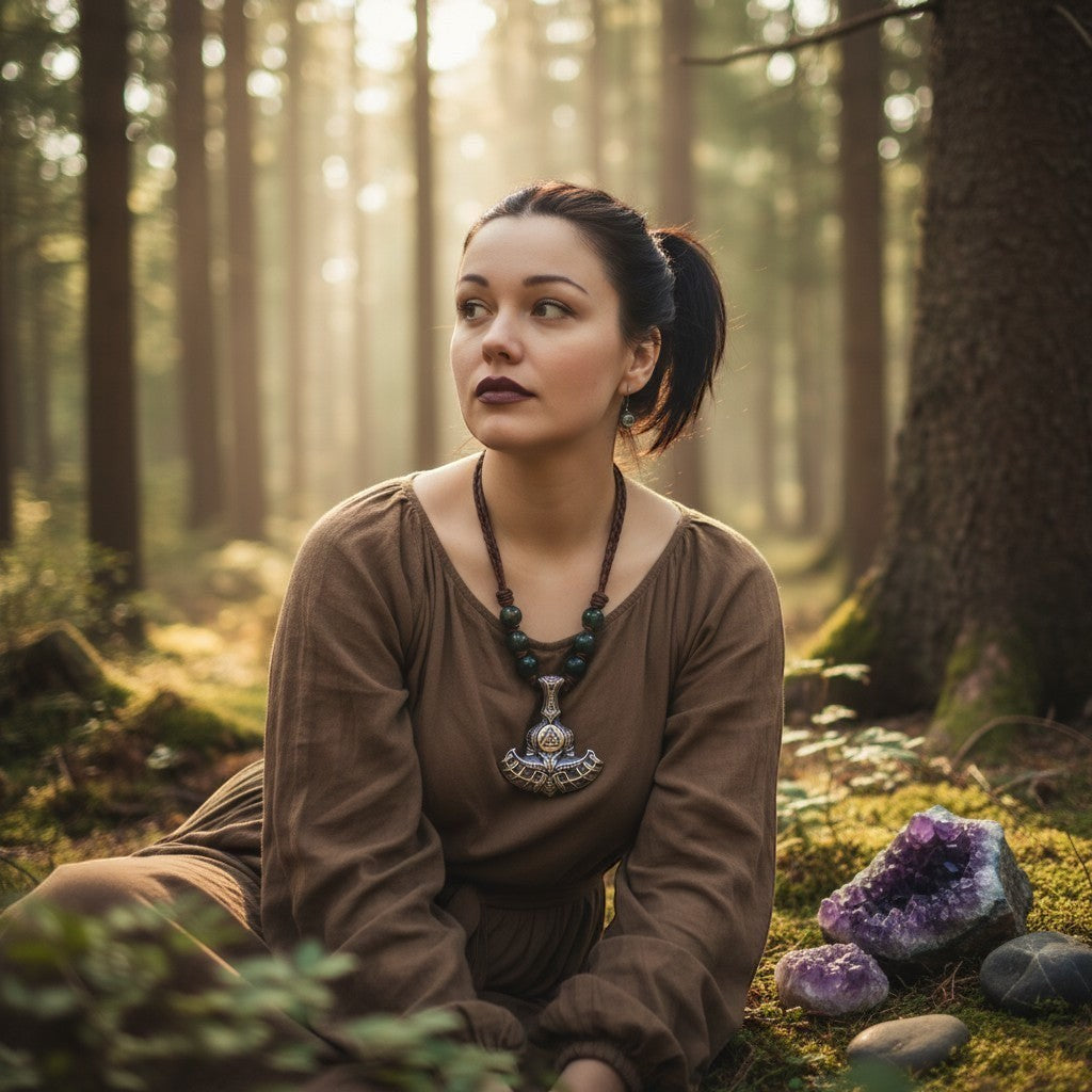 Eine Frau in einem braunen Kleid, die eine Halskette mit einem „Sinnikäs“-Thor-Hammer-Anhänger und grünen Perlen in einer Waldkulisse trägt.