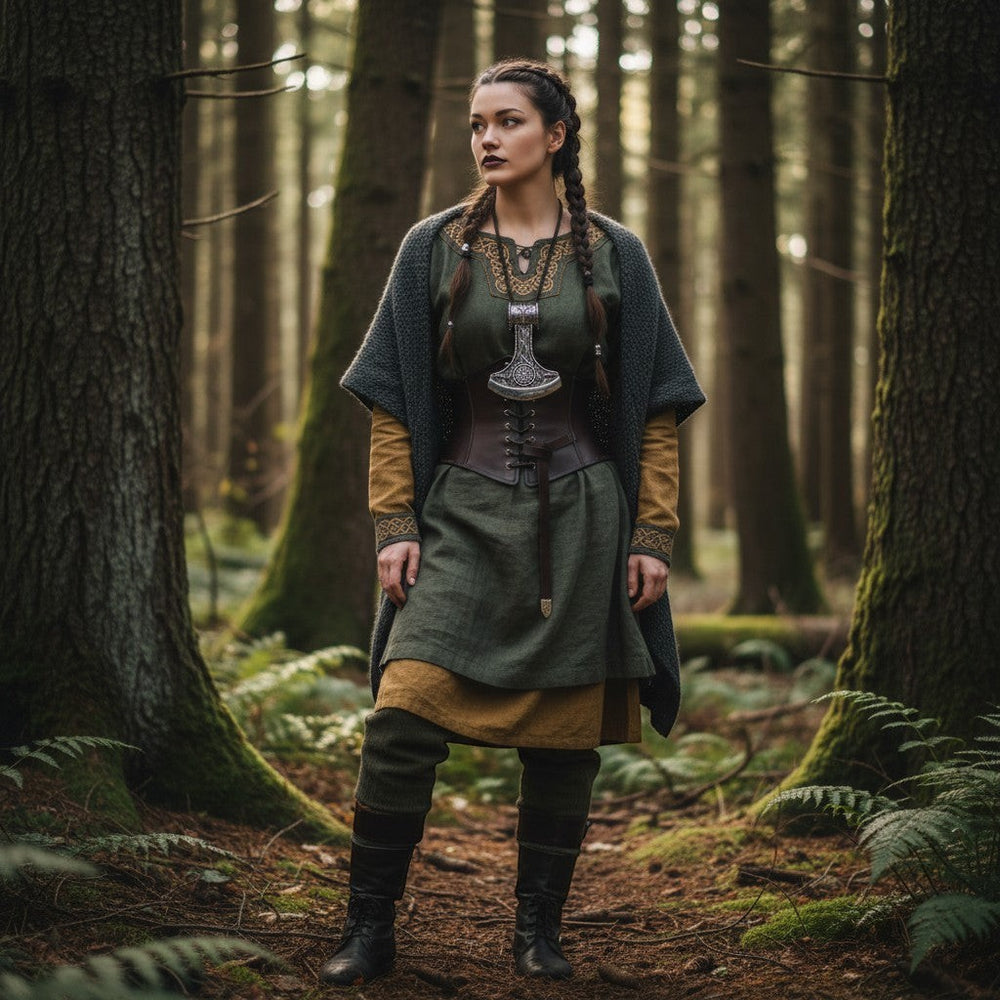 Eine stilvolle Thor-Hammer-Halskette mit Knotenmuster und Sonnenrad-Symbol aus Edelstahl, getragen von einer Frau in Wikinger-Tracht in einem Wald.