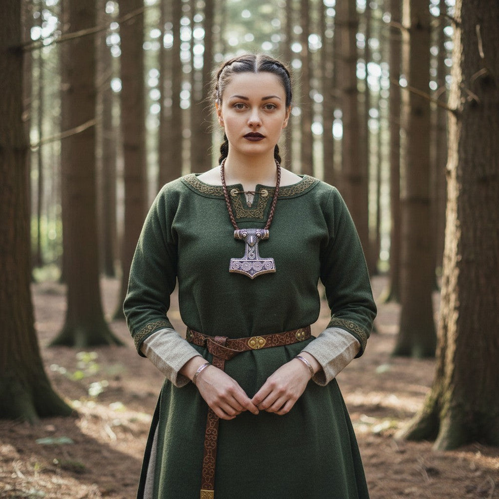 Eine Halskette mit einem Anhänger in Form von Thors Hammer von Sinnikäs, verziert mit aufwendigen Knotenmustern an einer geflochtenen Kordel, getragen von einer Frau in einer grünen Tunika im Wald.