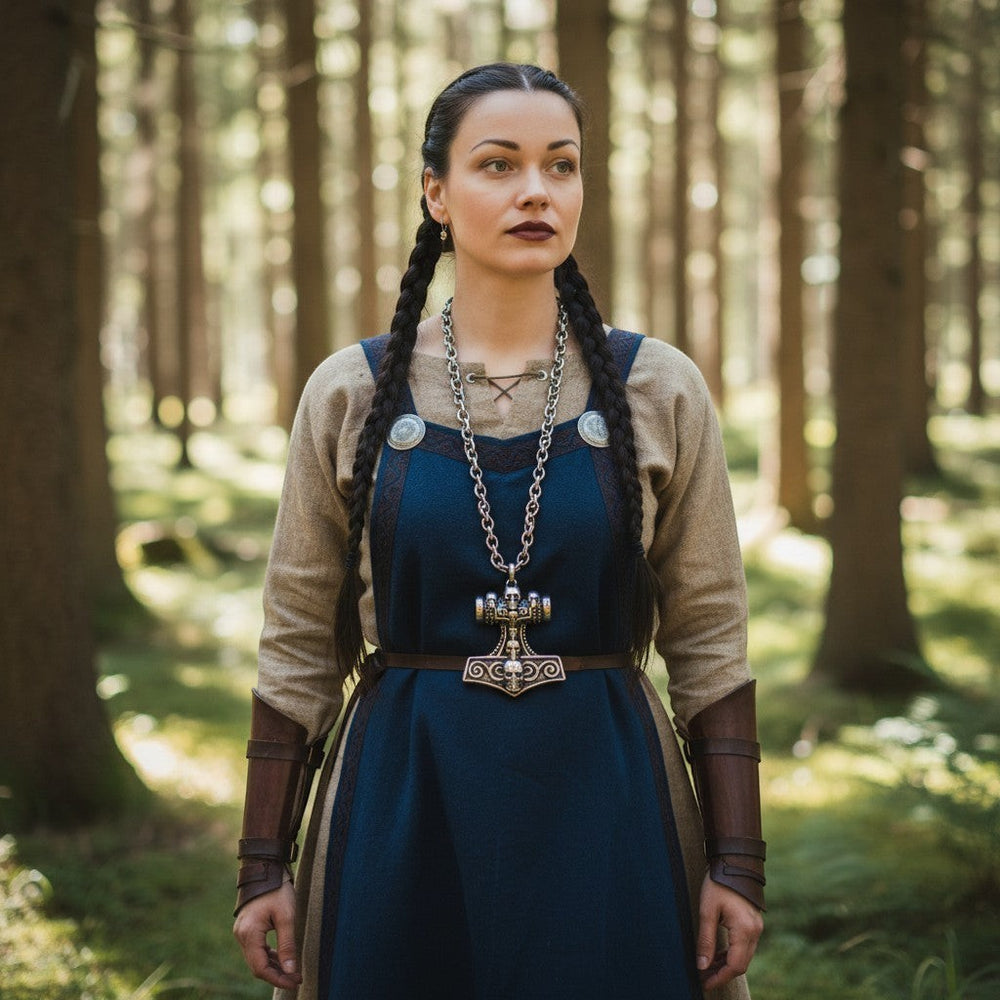 Sinnikäs-Halskette aus Edelstahl mit einem Anhänger in Form von Thors Hammer und Totenkopf-Motiven an einer Frau in Wikinger-Tracht.