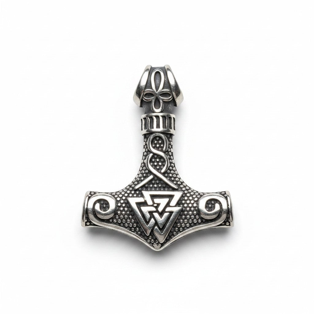 Schicke Halskette mit Thor-Hammer-Anhänger aus rostfreiem Stahl in Antiksilberoptik mit Valknutsymbol und Wikinger-Knotenmuster.