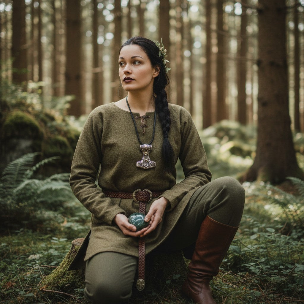 Eine stilvolle Halskette mit einem Thor-Hammer-Anhänger, verziert mit aufwendigen Details der Wikinger-Kunst, die eine Frau in historischer Kleidung in einer Waldlandschaft darstellen.
