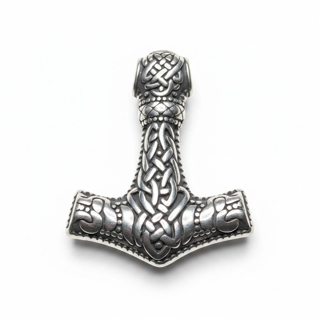 Schicke Halskette mit „Thors Hammer“-Anhänger aus silberfarbenem Edelstahl mit aufwendigem Knotenmuster.