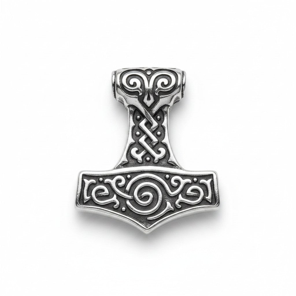 Schicker „Thors Hammer“-Anhänger aus silberfarbenem Edelstahl mit aufwendigen Knotenmustern und wirbelnden Verzierungen.