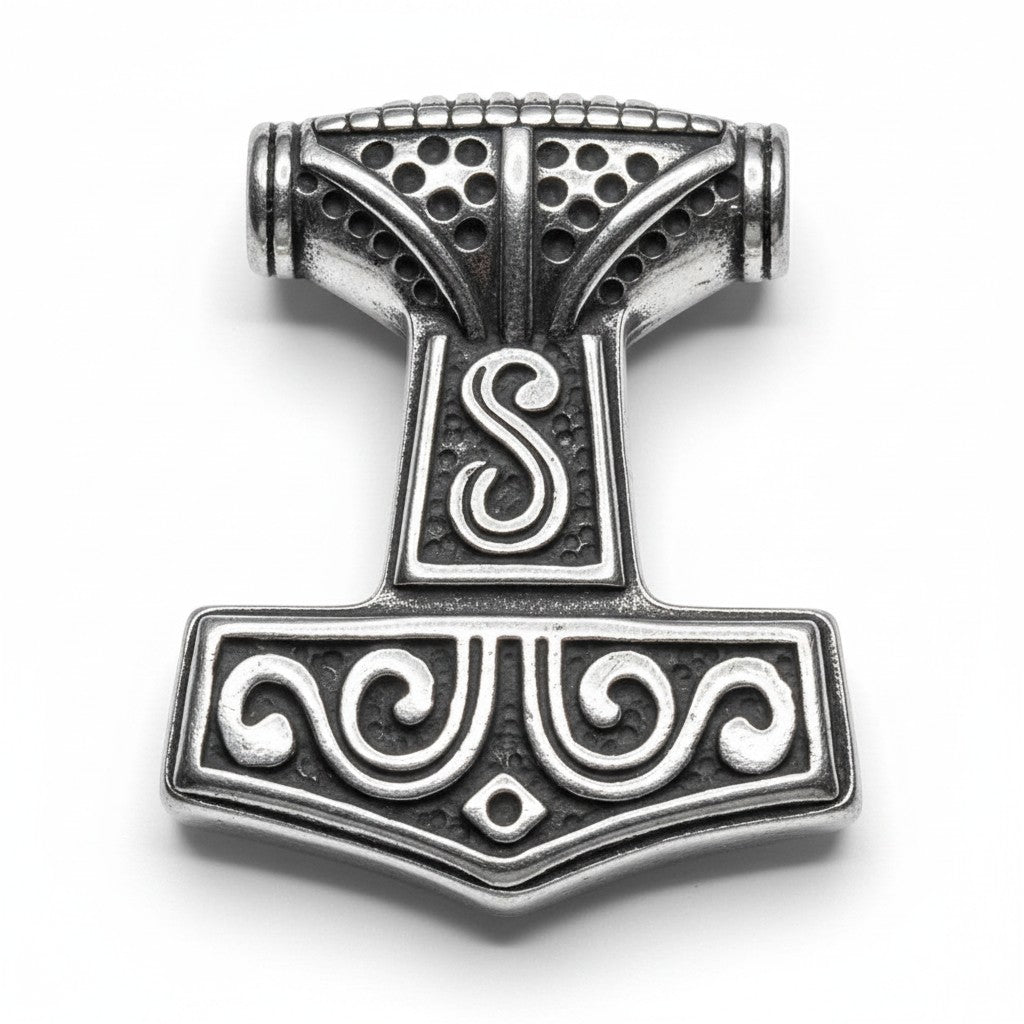 Schicker „Thors Hammer“-Anhänger aus Edelstahl mit aufwendigen Knotenverzierungen und S-Rune-Motiv. Im Wikinger-Stil.