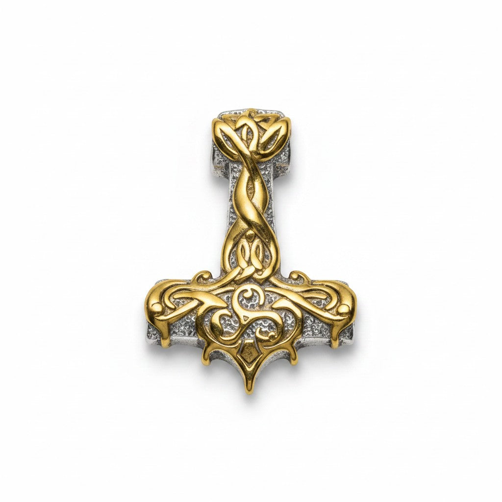 Schicker Thor-Hammer-Anhänger mit gold- und silberfarbener Oberfläche, aufwendig gestaltetem keltischem Knotenmuster, aus Edelstahl gefertigt.