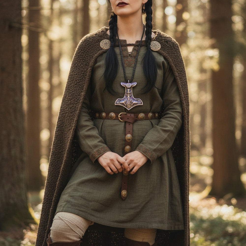 Schicke Halskette mit Thor-Hammer-Anhänger, aufwendig gestaltetem Odin-Motiv, Vegvisir-Kompass und Knotenverzierungen. Aus Edelstahl.