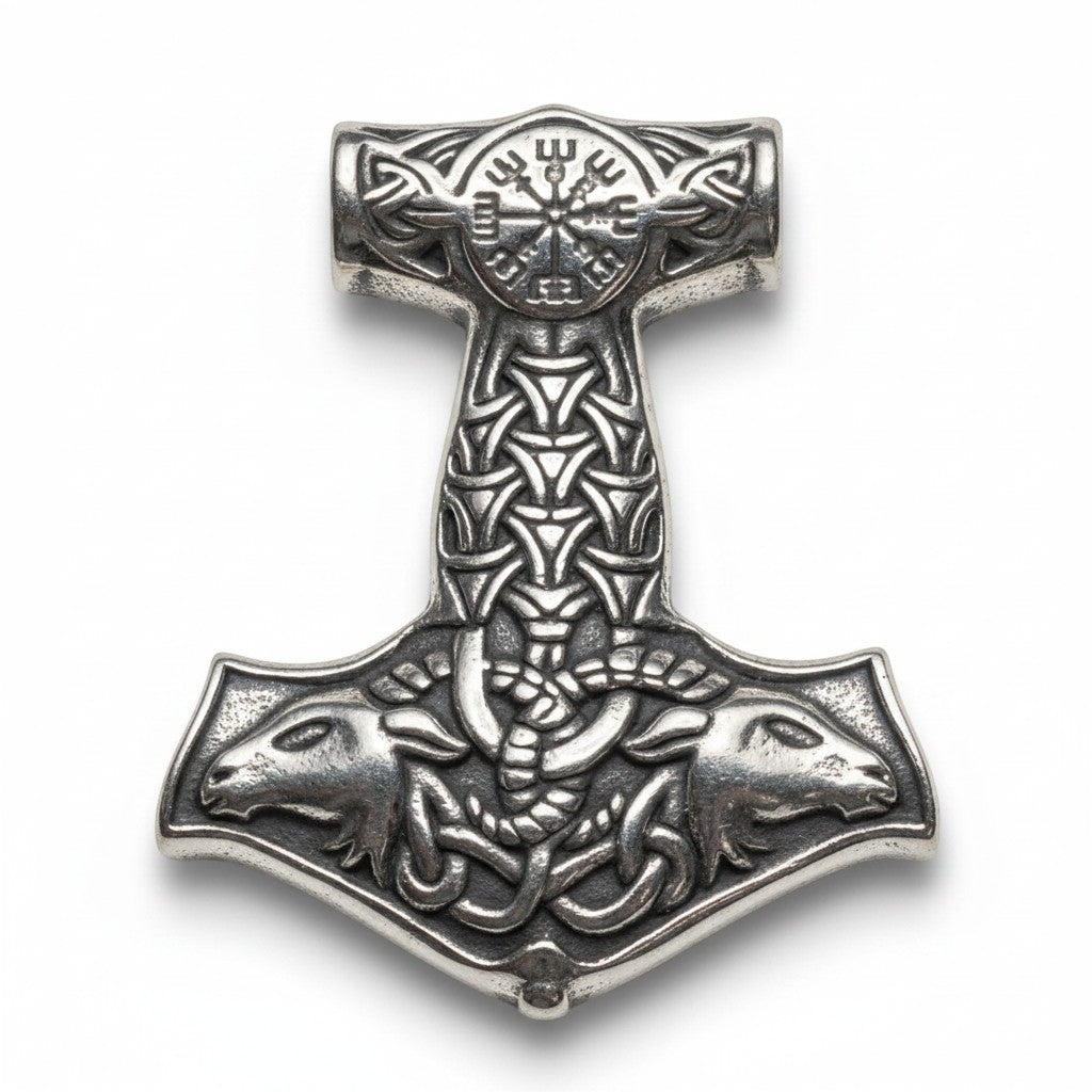 Sinnikäs  „Thors Hammer“-Anhänger aus silberfarbenem Edelstahl mit aufwendigen Knotenmustern, dem Vegvisir-Symbol und Ziegenköpfen.