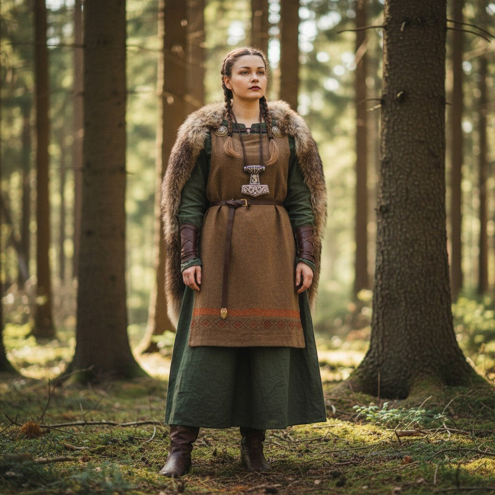 Ein stilvoller Anhänger in Form von Thors Hammer mit Knotenverzierung und S-Rune, aus Edelstahl gefertigt, getragen von einer Frau in Wikinger-Tracht in einem Wald.