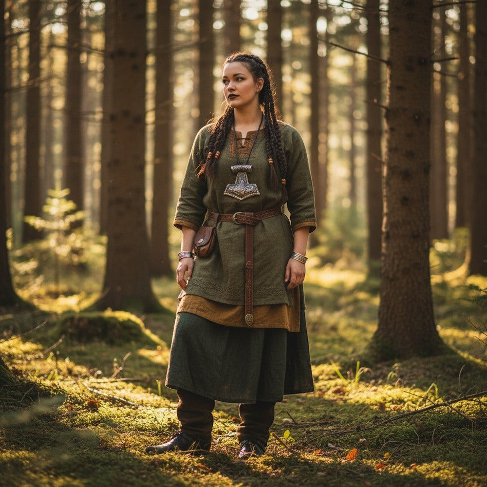 Ein schicker Thor-Hammer-Anhänger aus silberfarbenem Edelstahl mit Knotenverzierung, getragen von einer Frau in Wikinger-Tracht in einem Wald.