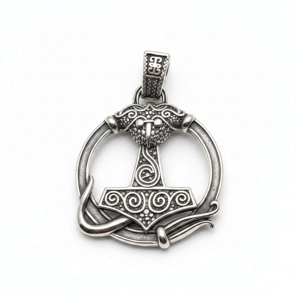 Schicker Thor-Hammer-Anhänger aus poliertem Edelstahl mit aufwendigem Knotenmuster und Rabenkopf-Motiv.