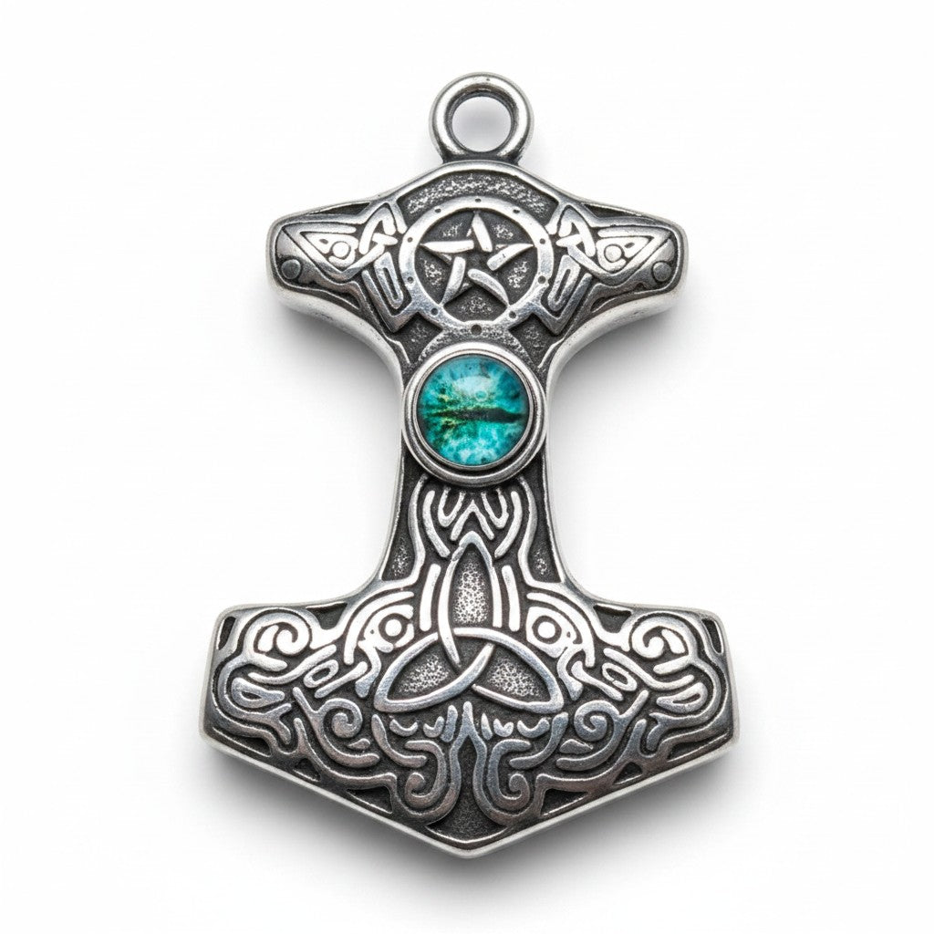 Schicker Anhänger in Form von Thors Hammer mit aufwendigen keltischen Knotenmustern und einem türkisähnlichen Stein in der Mitte. Edelstahl.