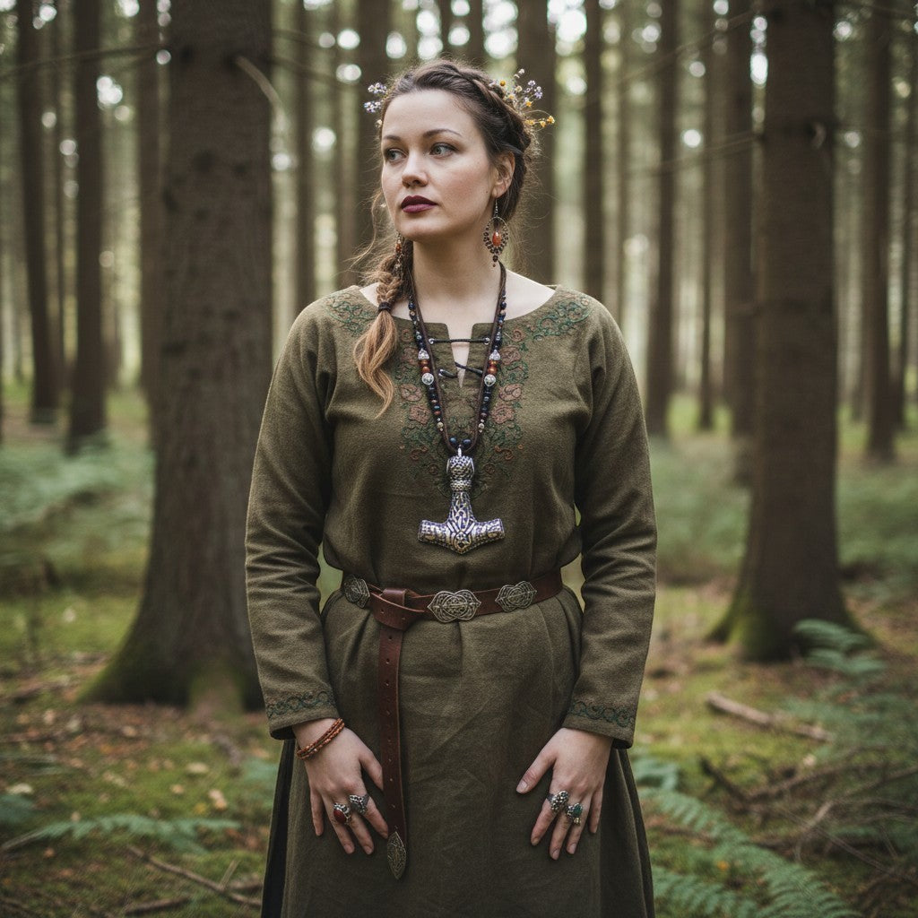 Eine elegante Halskette mit einem Anhänger in Form von Thors Hammer und Knotenverzierung aus Edelstahl, getragen von einer Frau in einer Waldkulisse.